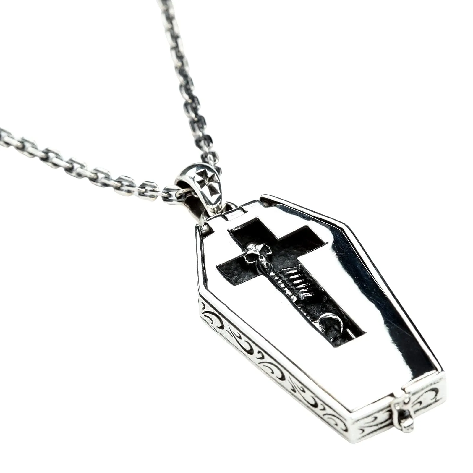 Skull Skeleton Coffin Sterling Silver Gothic Pendant Necklace