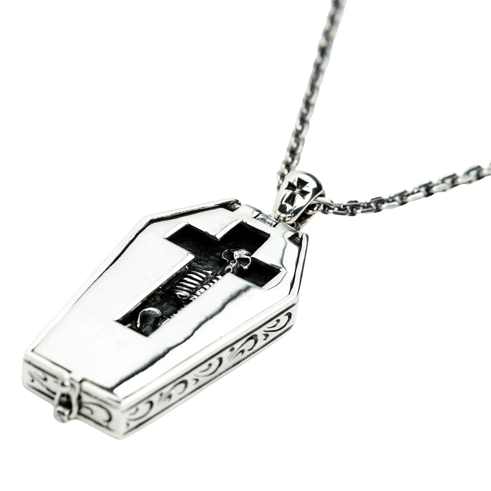 Skull Skeleton Coffin Sterling Silver Gothic Pendant Necklace