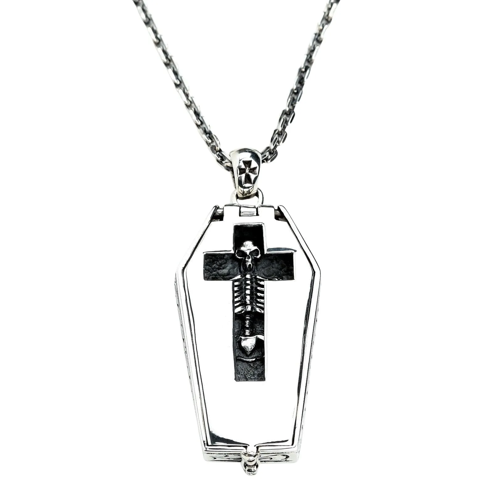 Skull Skeleton Coffin Sterling Silver Gothic Pendant Necklace