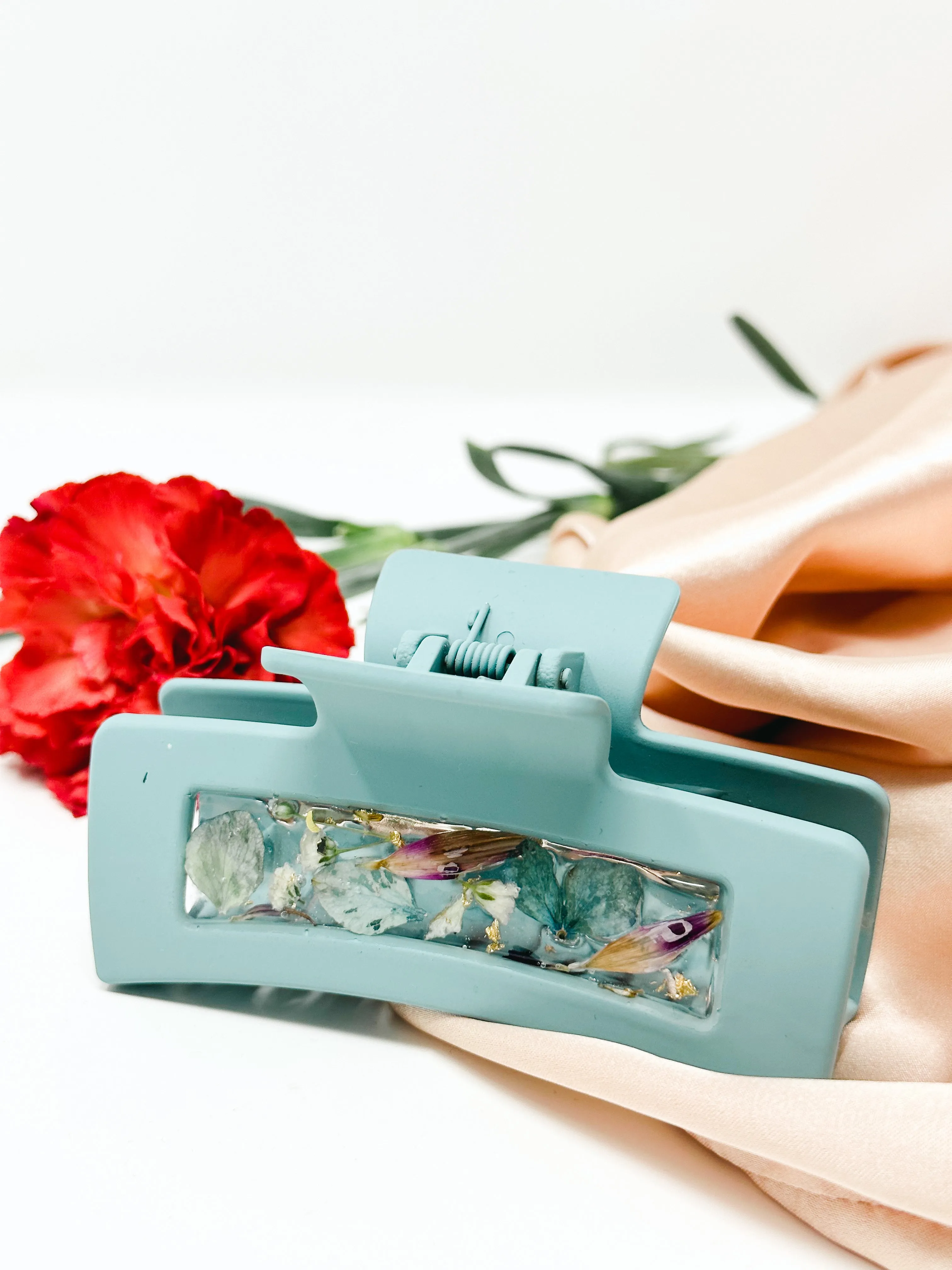 Sky Blue Claw Clip Infused with Real Flowers in Resin.