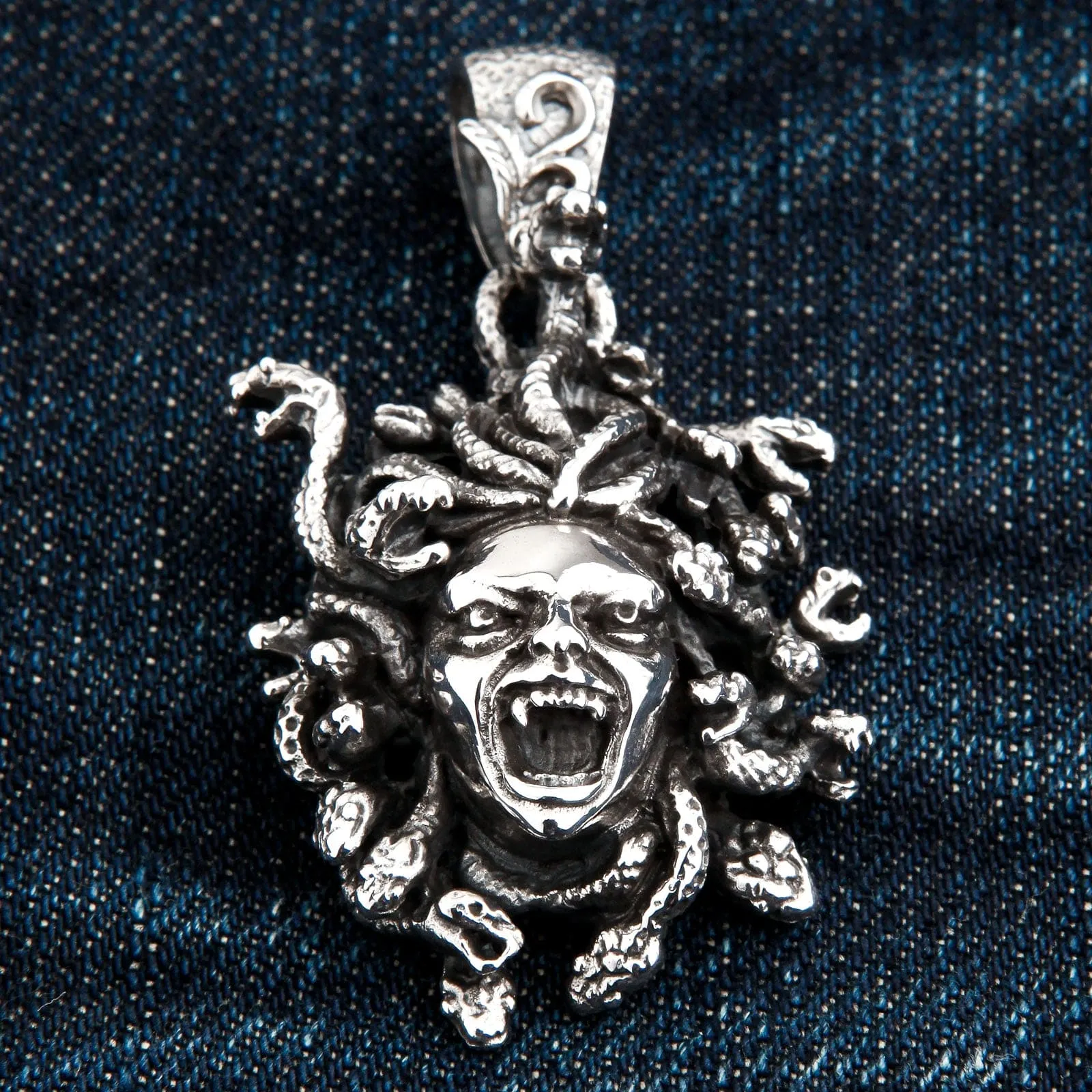 Snake Head Gorgon Medusa Sterling Silver Gothic Pendant