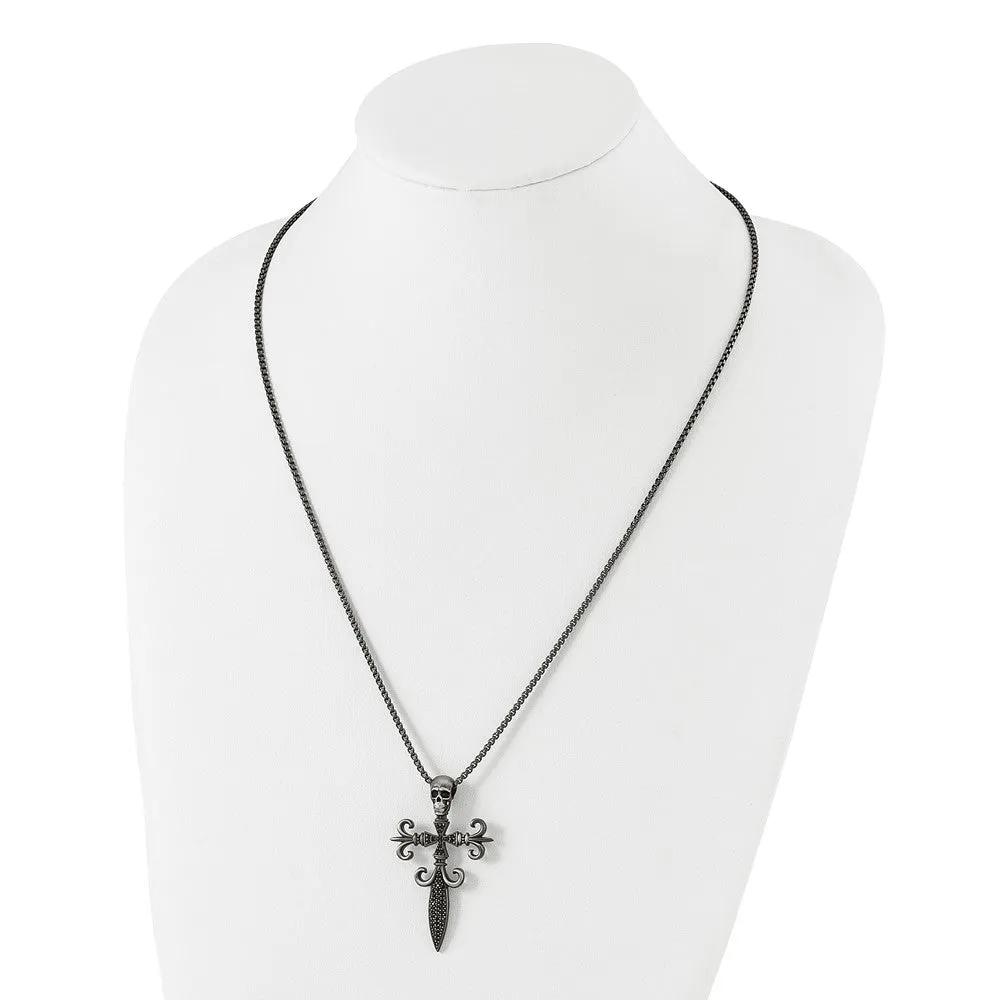 Stainless Steel Antique White Bronze-plated CZ Cross/Skull Necklace