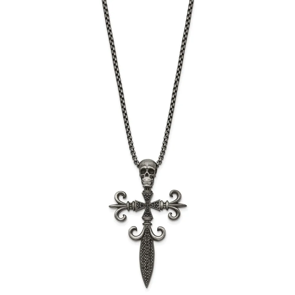 Stainless Steel Antique White Bronze-plated CZ Cross/Skull Necklace