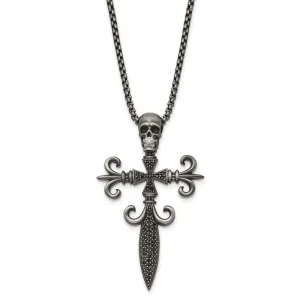 Stainless Steel Antique White Bronze-plated CZ Cross/Skull Necklace