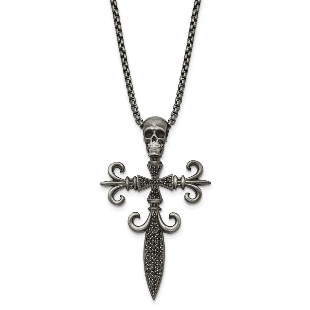 Stainless Steel Antique White Bronze-plated CZ Cross/Skull Necklace