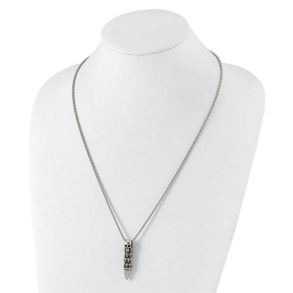 Stainless Steel Antiqued and Polished Bullet w/Skulls 25.5in Necklace
