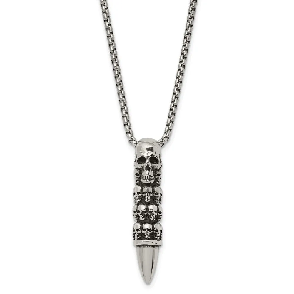 Stainless Steel Antiqued and Polished Bullet w/Skulls 25.5in Necklace