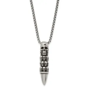 Stainless Steel Antiqued and Polished Bullet w/Skulls 25.5in Necklace