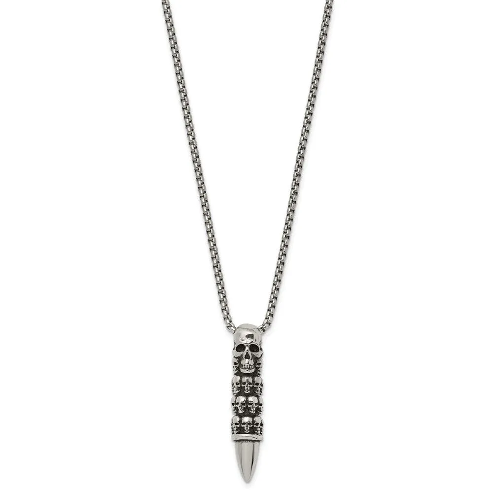 Stainless Steel Antiqued and Polished Bullet w/Skulls 25.5in Necklace
