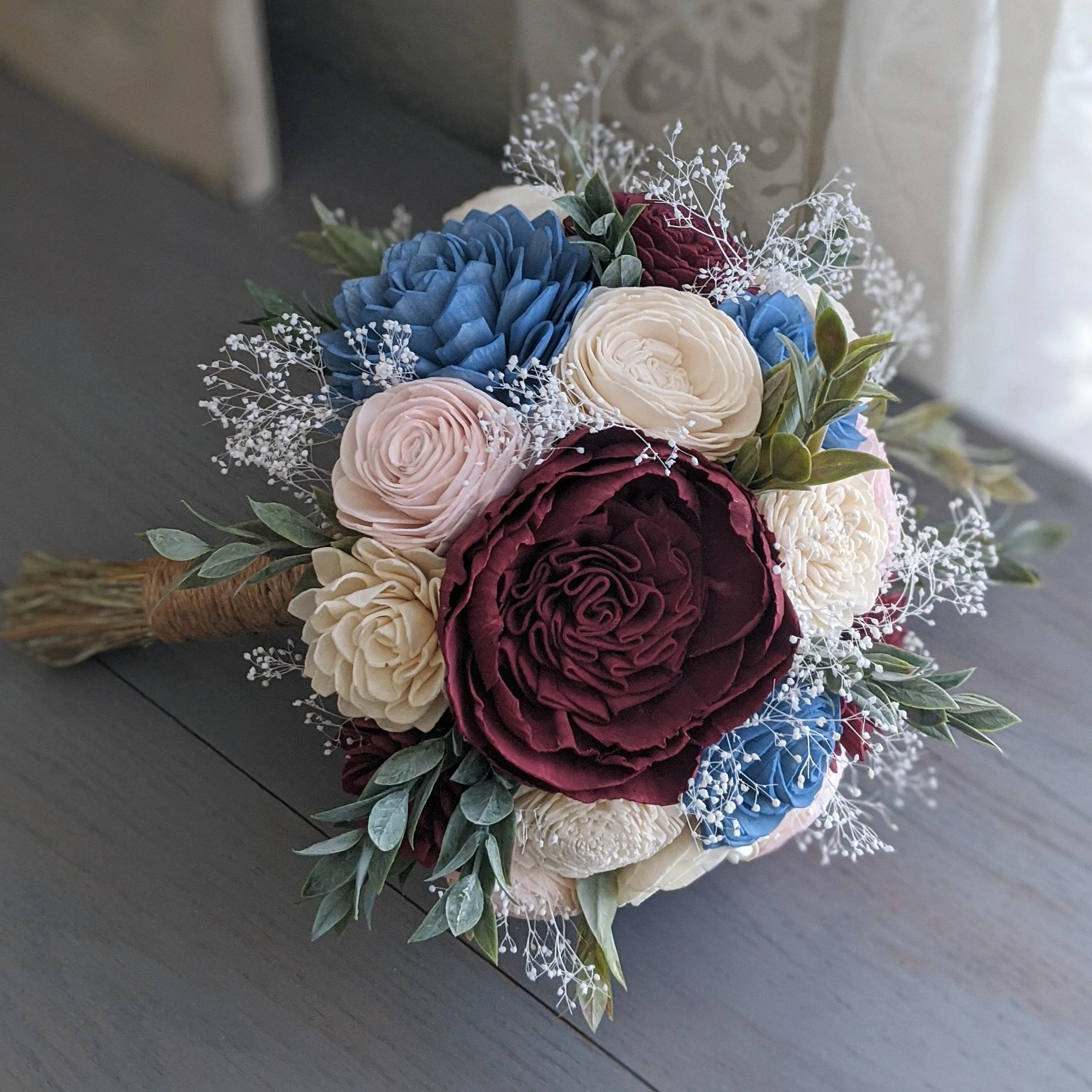 Steel Blue, Burgundy, Blush, and Ivory Bouquet with Baby's Breath and Greenery
