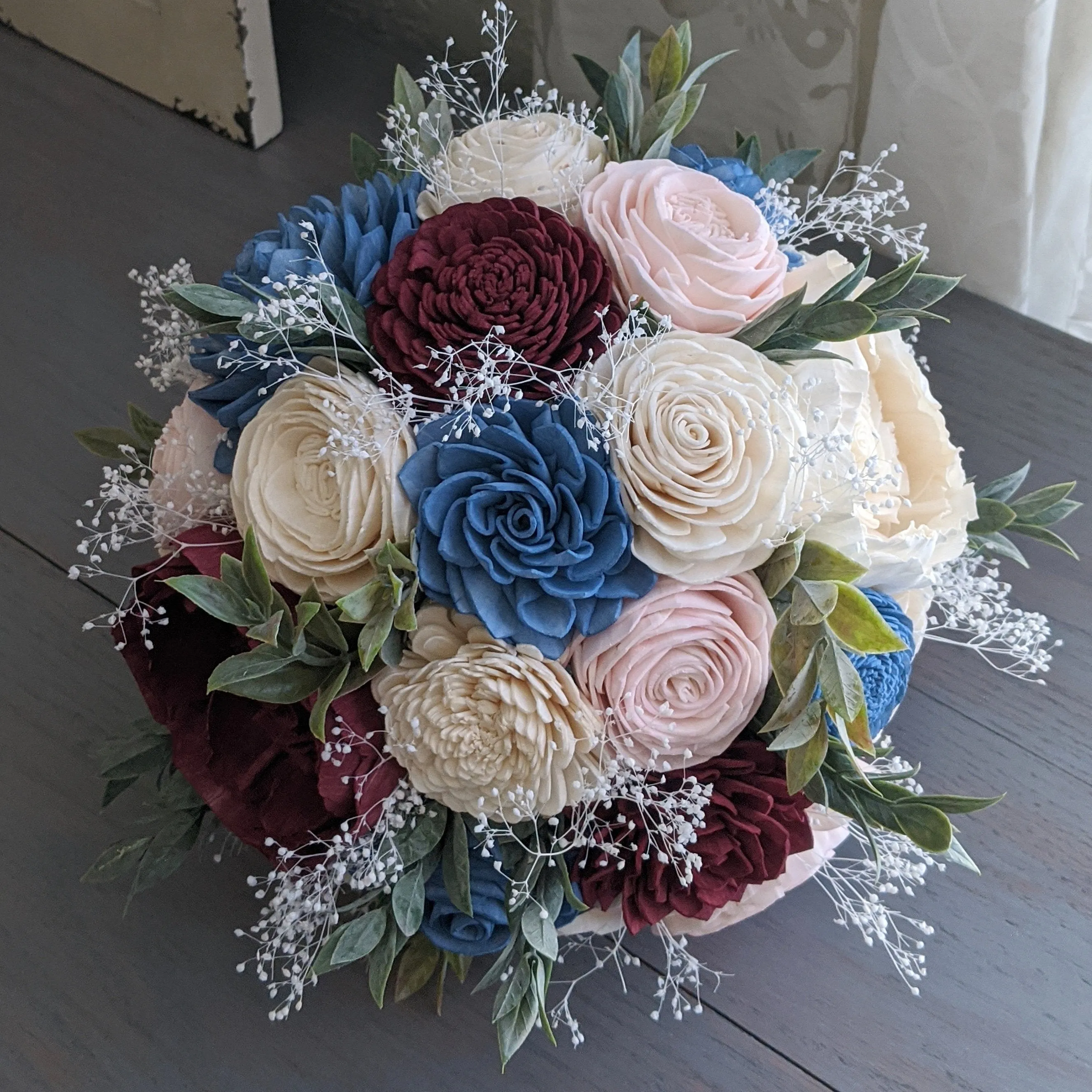 Steel Blue, Burgundy, Blush, and Ivory Bouquet with Baby's Breath and Greenery