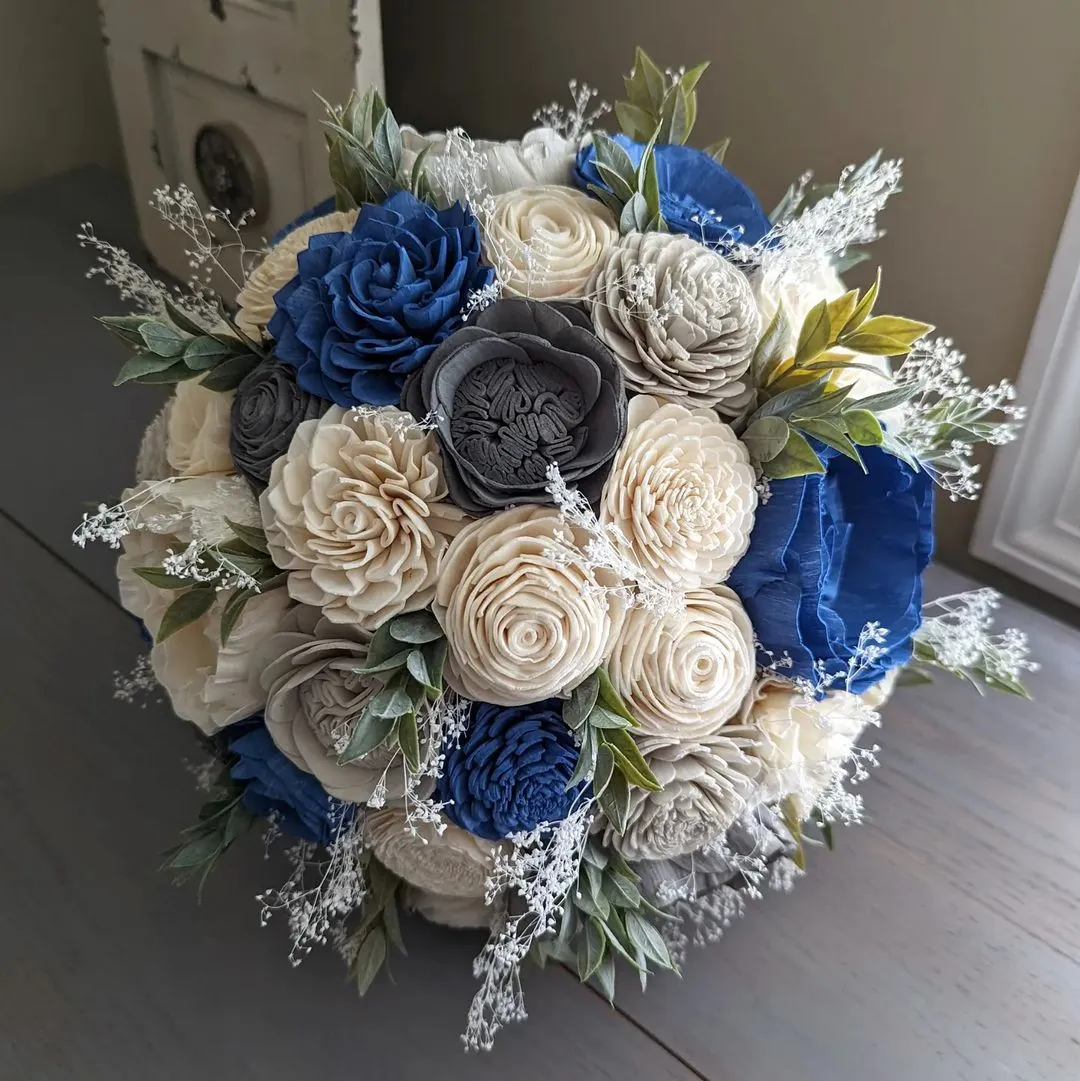 Steel Blue, Charcoal, Light Gray, and Ivory Bouquet with Baby's Breath and Greenery