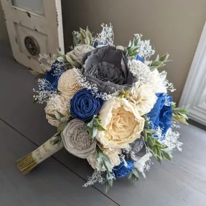 Steel Blue, Charcoal, Light Gray, and Ivory Bouquet with Baby's Breath and Greenery