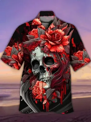Stunning Gothic Blood-Red Flowers And Skulls Printing Cuban Collar Hawaiian Short Sleeve Shirt