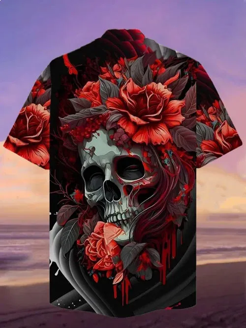 Stunning Gothic Blood-Red Flowers And Skulls Printing Cuban Collar Hawaiian Short Sleeve Shirt