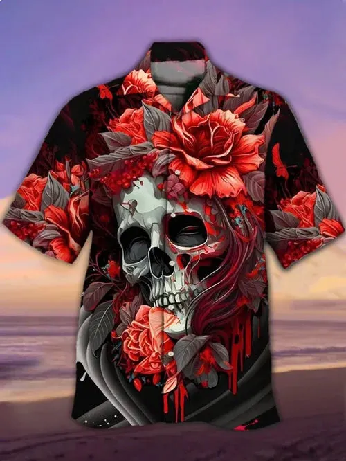 Stunning Gothic Blood-Red Flowers And Skulls Printing Cuban Collar Hawaiian Short Sleeve Shirt