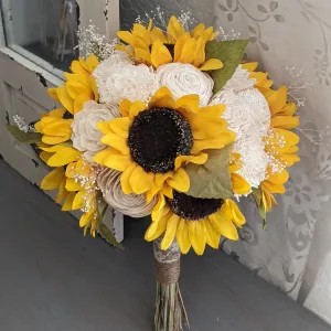 Sunflowers and Ivory Bouquet with Baby's Breath and Greenery