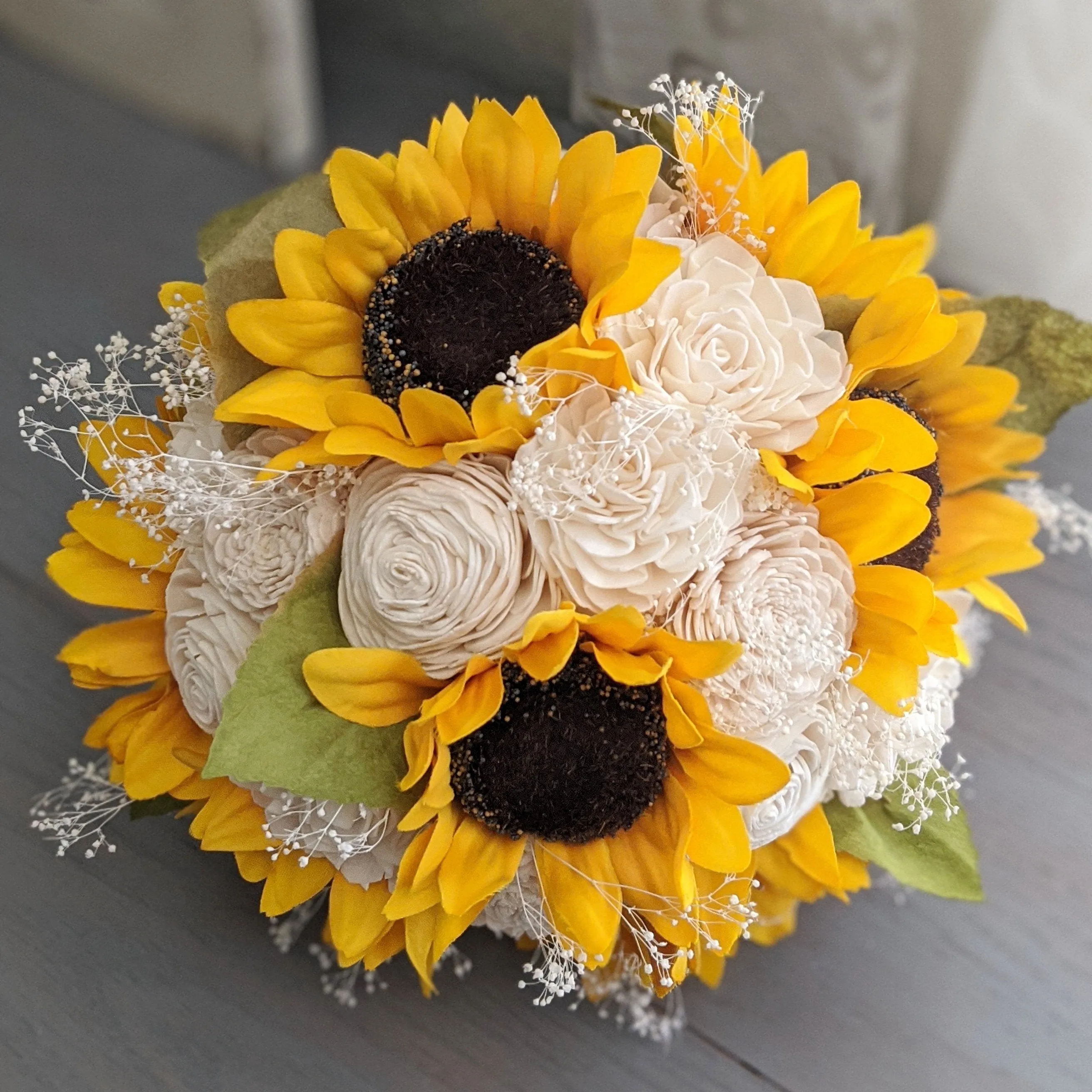 Sunflowers and Ivory Bouquet with Baby's Breath and Greenery