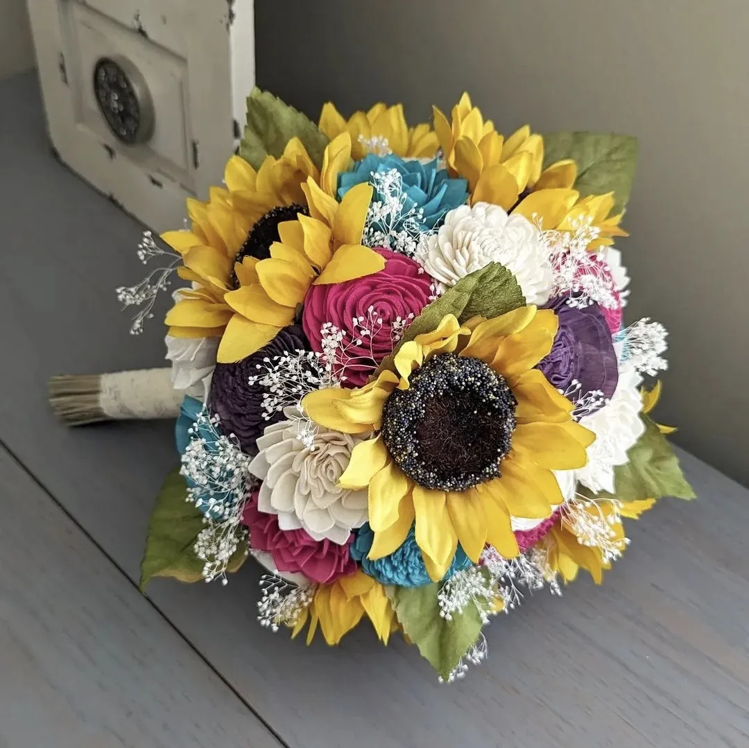 Sunflowers with Plum, Fuschia, Turquoise, and Ivory Bouquet with Baby's Breath and Greenery