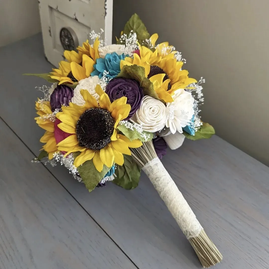 Sunflowers with Plum, Fuschia, Turquoise, and Ivory Bouquet with Baby's Breath and Greenery