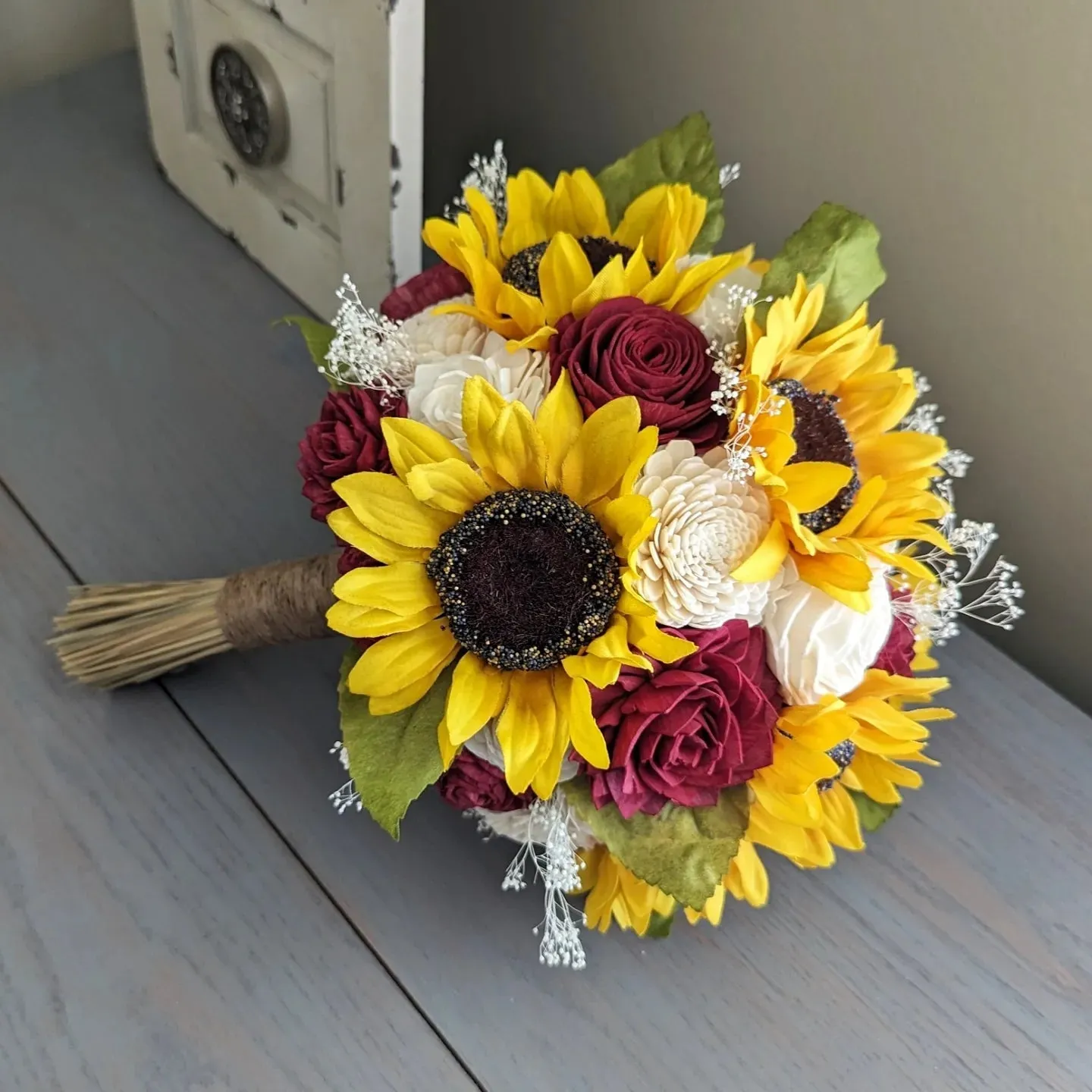 Sunflowers with Wine and Ivory Bouquet with Baby's Breath and Greenery