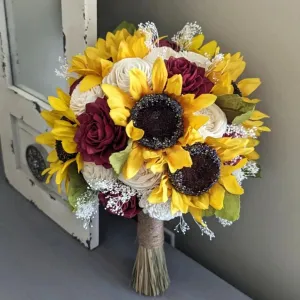 Sunflowers with Wine and Ivory Bouquet with Baby's Breath and Greenery