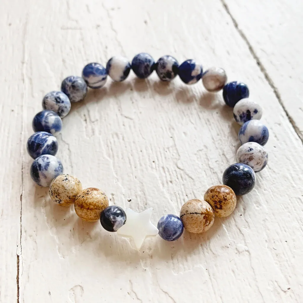 surf & shore // sodalite and picture jasper mala bead bracelet with shell star