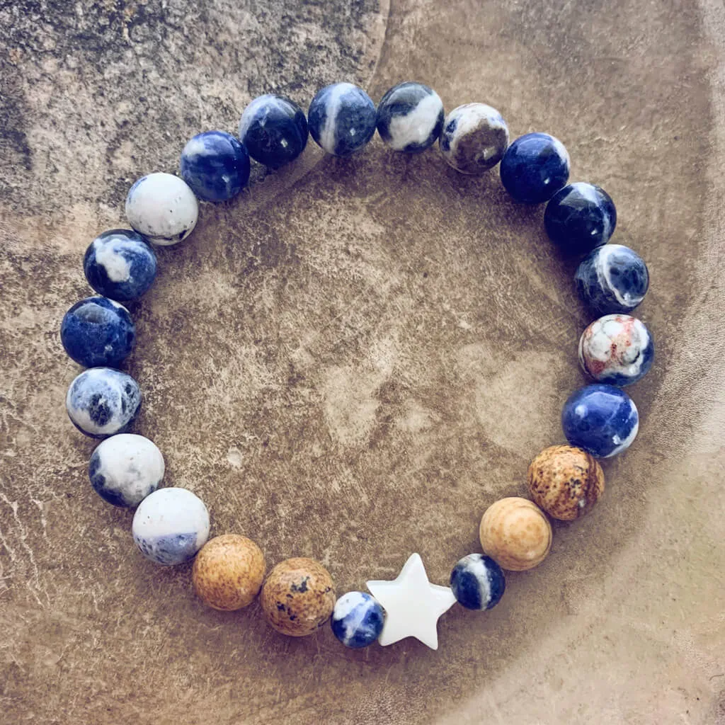 surf & shore // sodalite and picture jasper mala bead bracelet with shell star