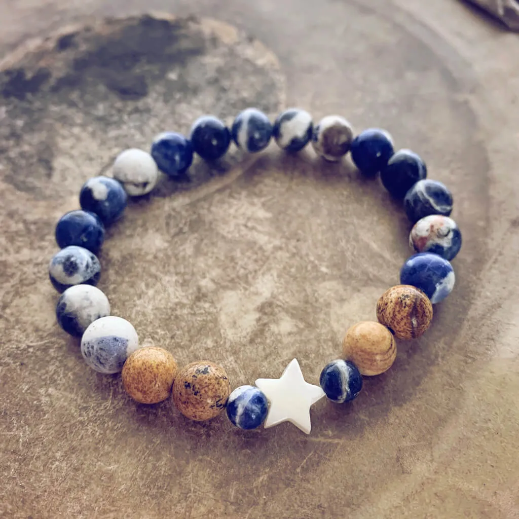 surf & shore // sodalite and picture jasper mala bead bracelet with shell star