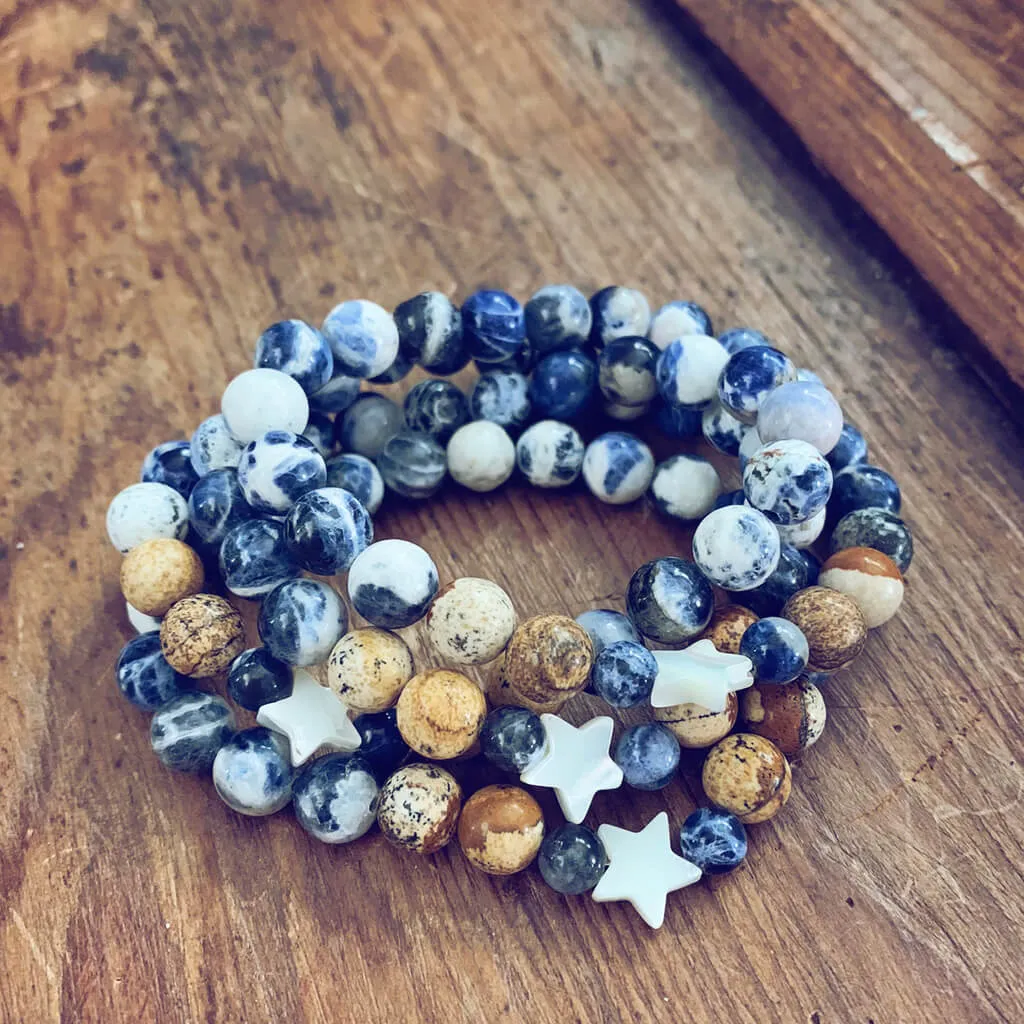 surf & shore // sodalite and picture jasper mala bead bracelet with shell star