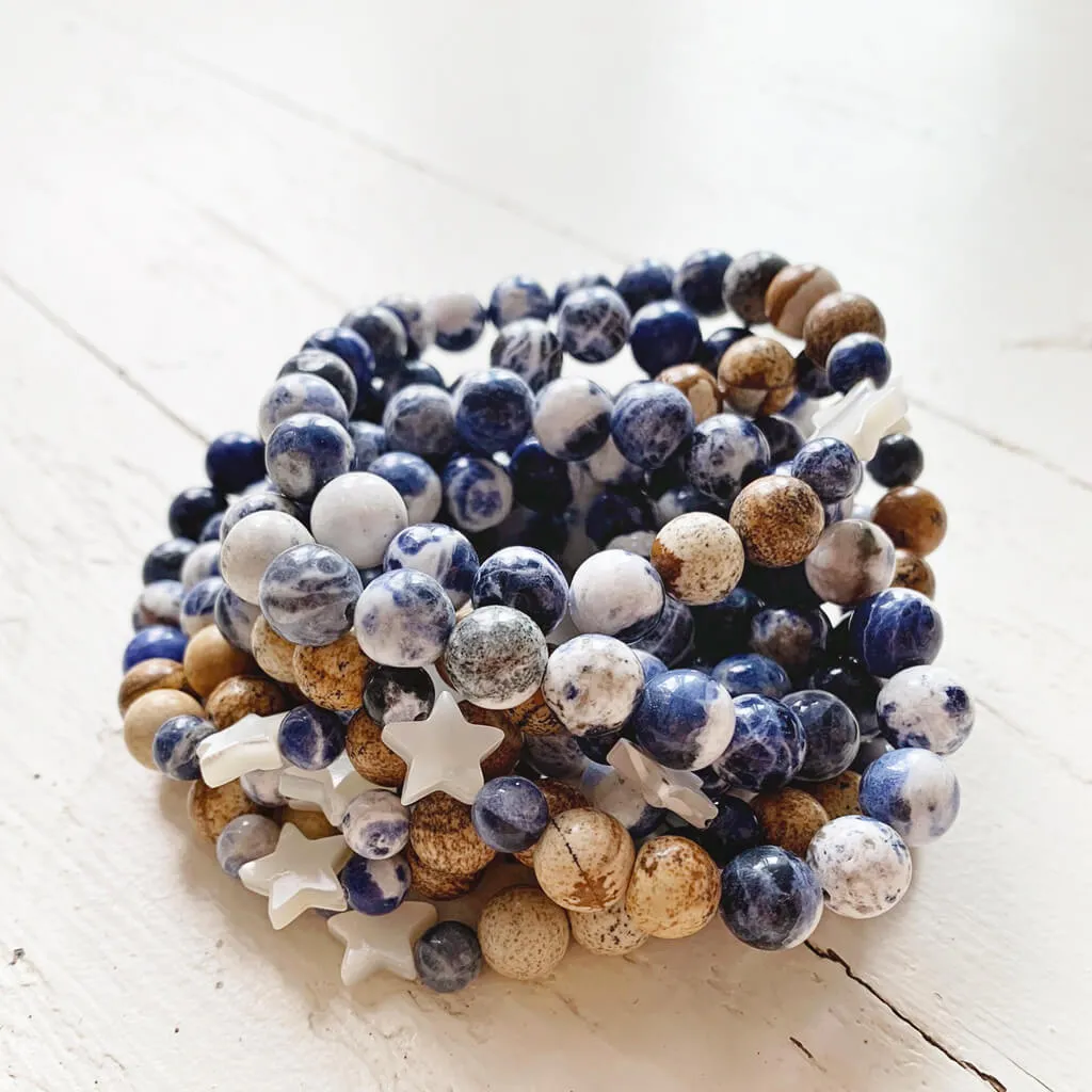 surf & shore // sodalite and picture jasper mala bead bracelet with shell star