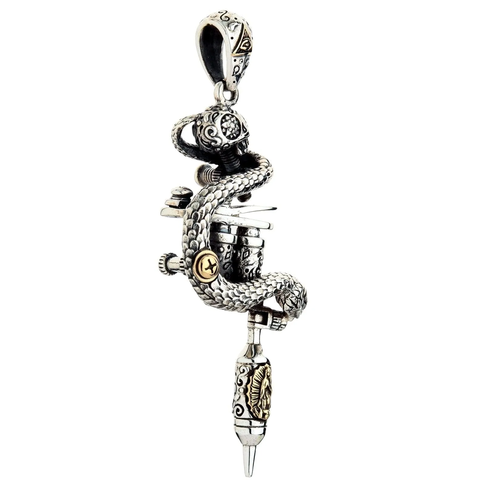 Tattoo Machine Gun Sugar Skull Sterling Silver Gothic Pendant