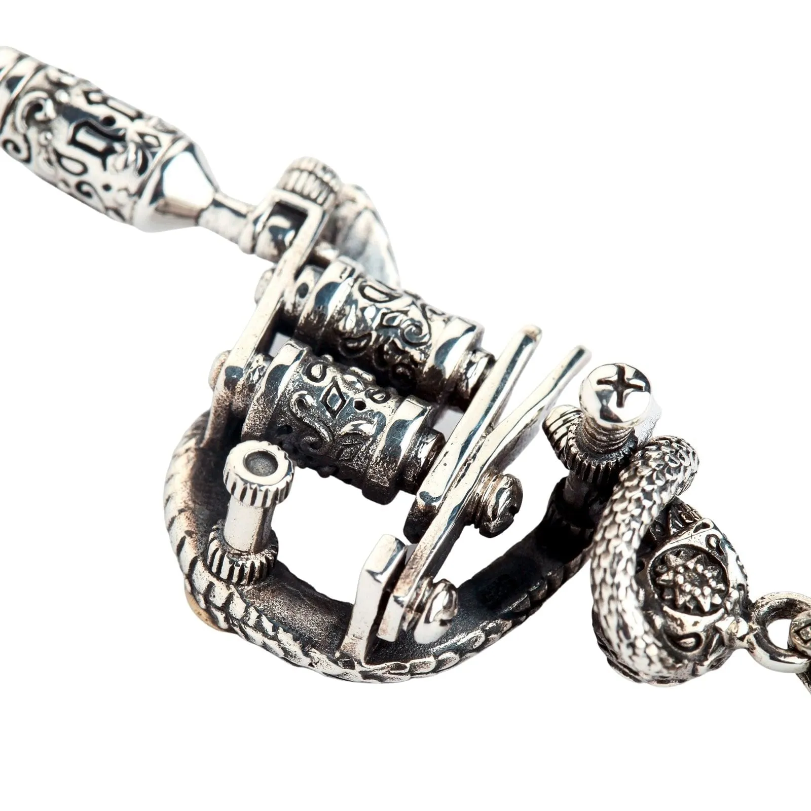 Tattoo Machine Gun Sugar Skull Sterling Silver Gothic Pendant