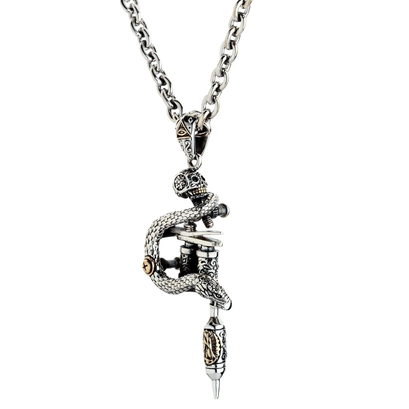 Tattoo Machine Gun Sugar Skull Sterling Silver Gothic Pendant