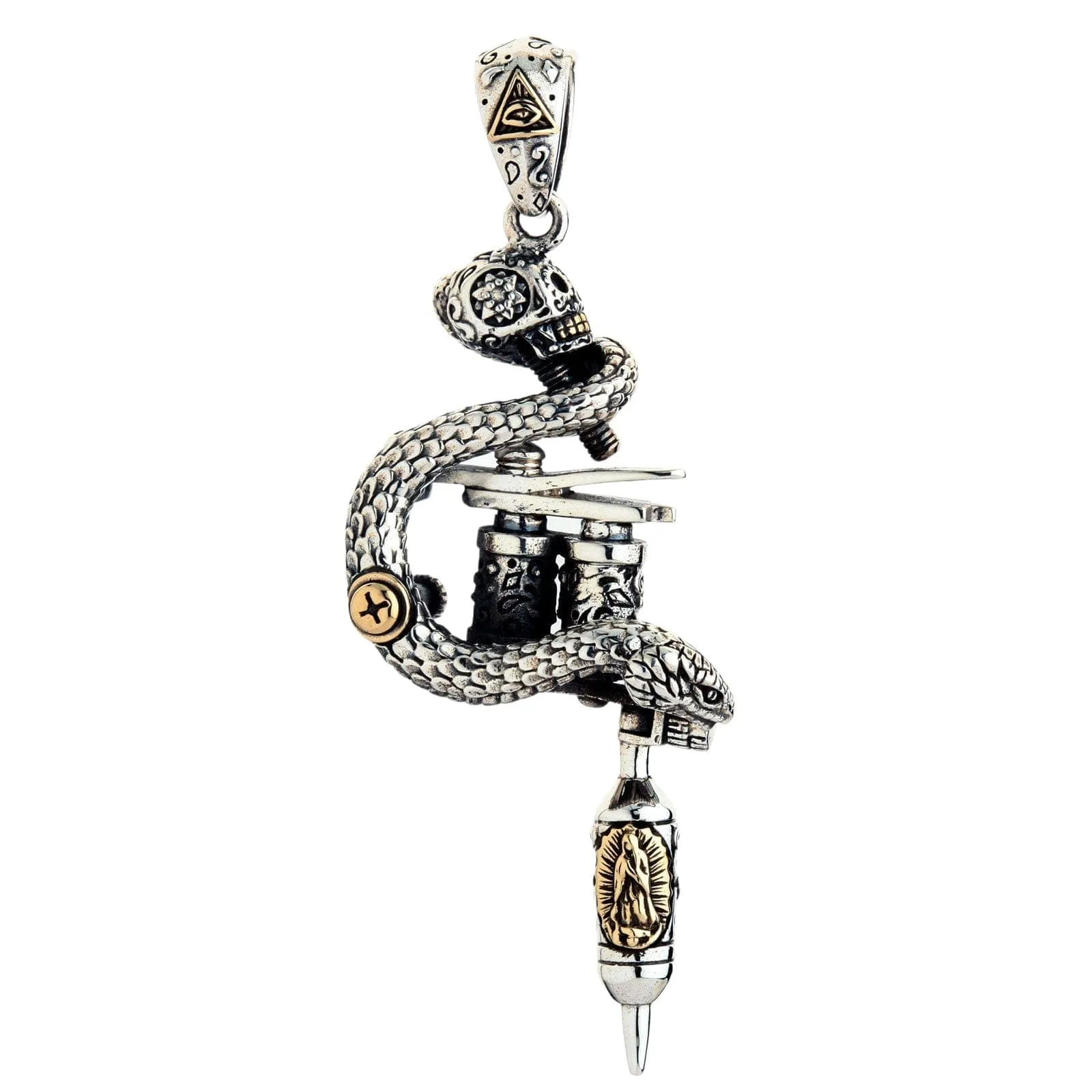 Tattoo Machine Gun Sugar Skull Sterling Silver Gothic Pendant