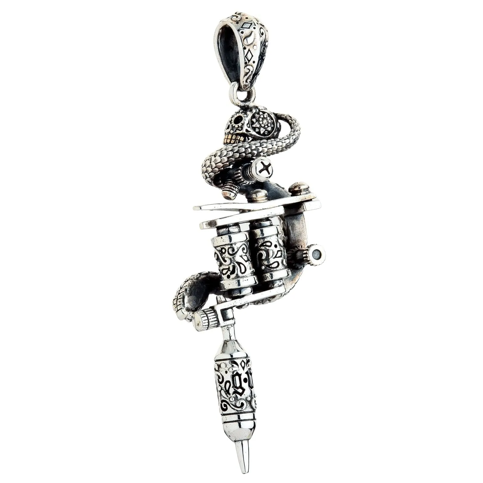 Tattoo Machine Gun Sugar Skull Sterling Silver Gothic Pendant
