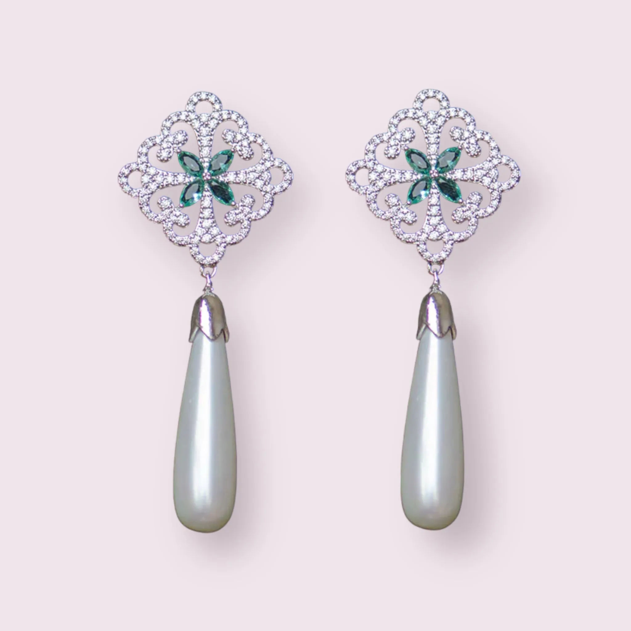 Teardrop Pearl CZ micro paved drop earrings, sterling silver posts, Bridal, Bridesmaids