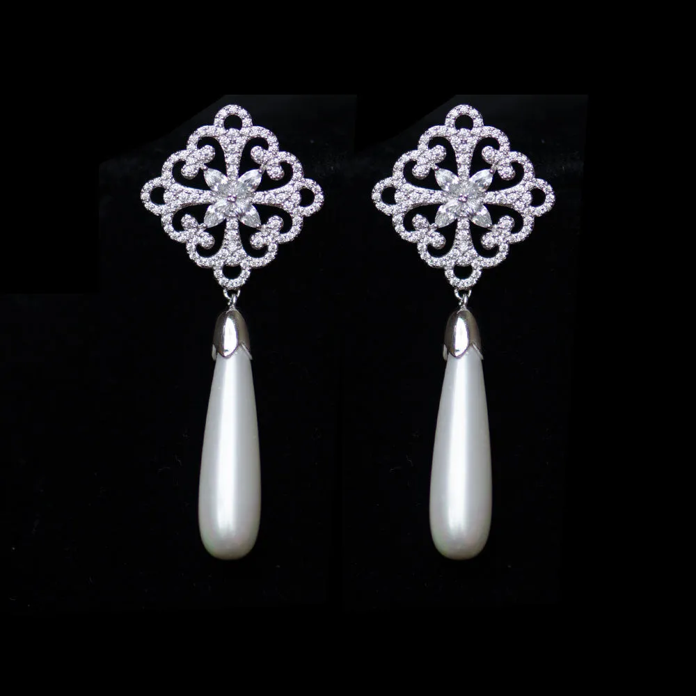 Teardrop Pearl CZ micro paved drop earrings, sterling silver posts, Bridal, Bridesmaids