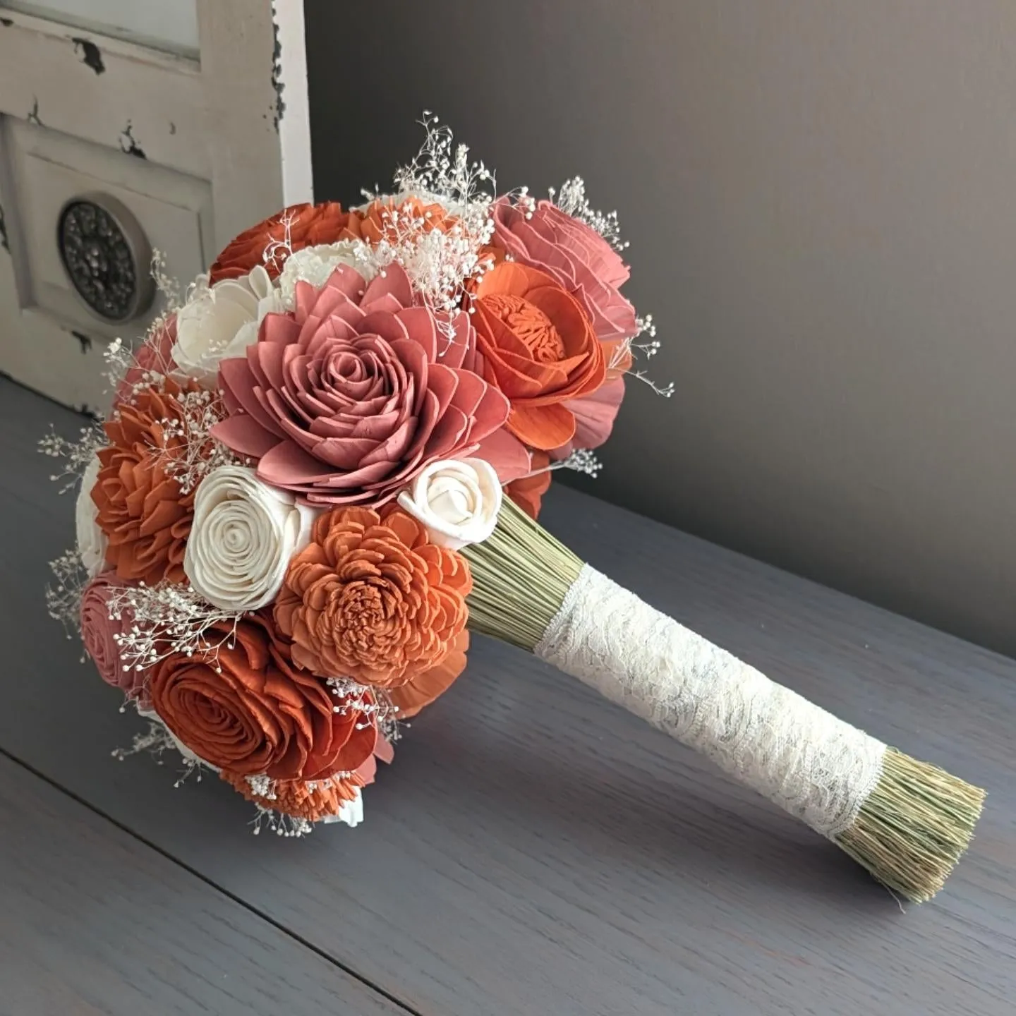 Terra Cotta, Rust, Dark Coral, and Ivory Bouquet with Baby's Breath