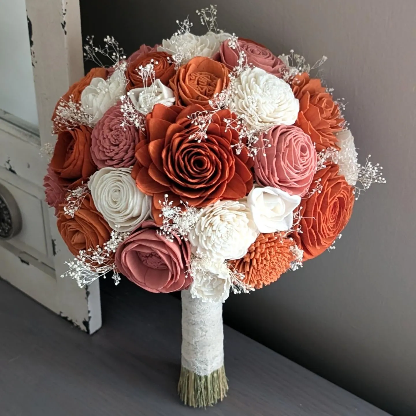 Terra Cotta, Rust, Dark Coral, and Ivory Bouquet with Baby's Breath