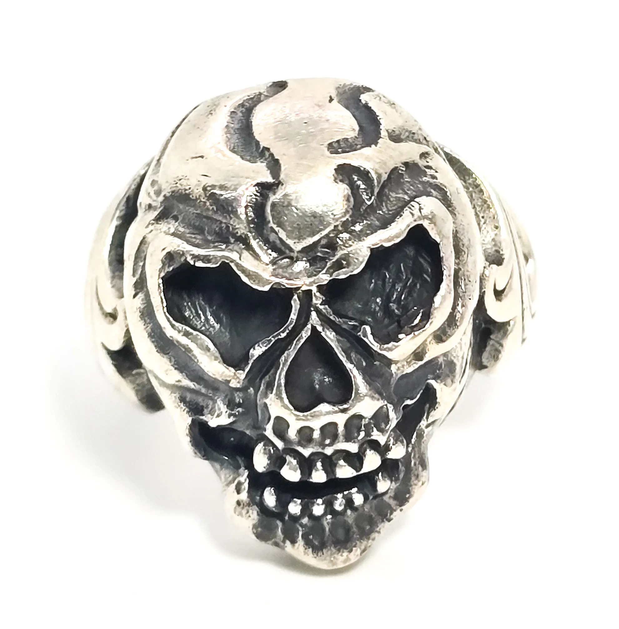 Thick Skull retro biker solid sterling silver tribal fire memento mori goth ring size 10.5