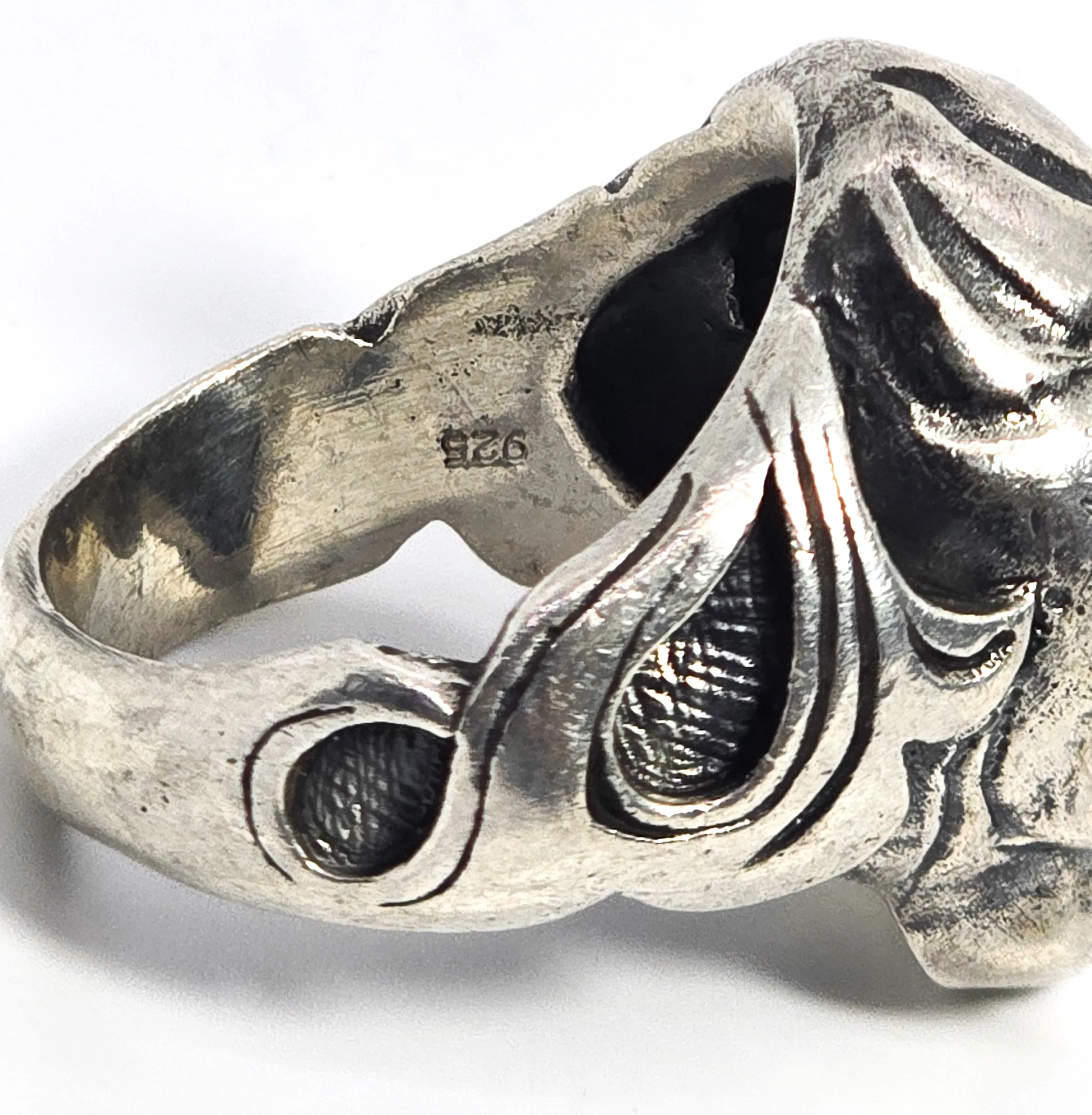 Thick Skull retro biker solid sterling silver tribal fire memento mori goth ring size 10.5