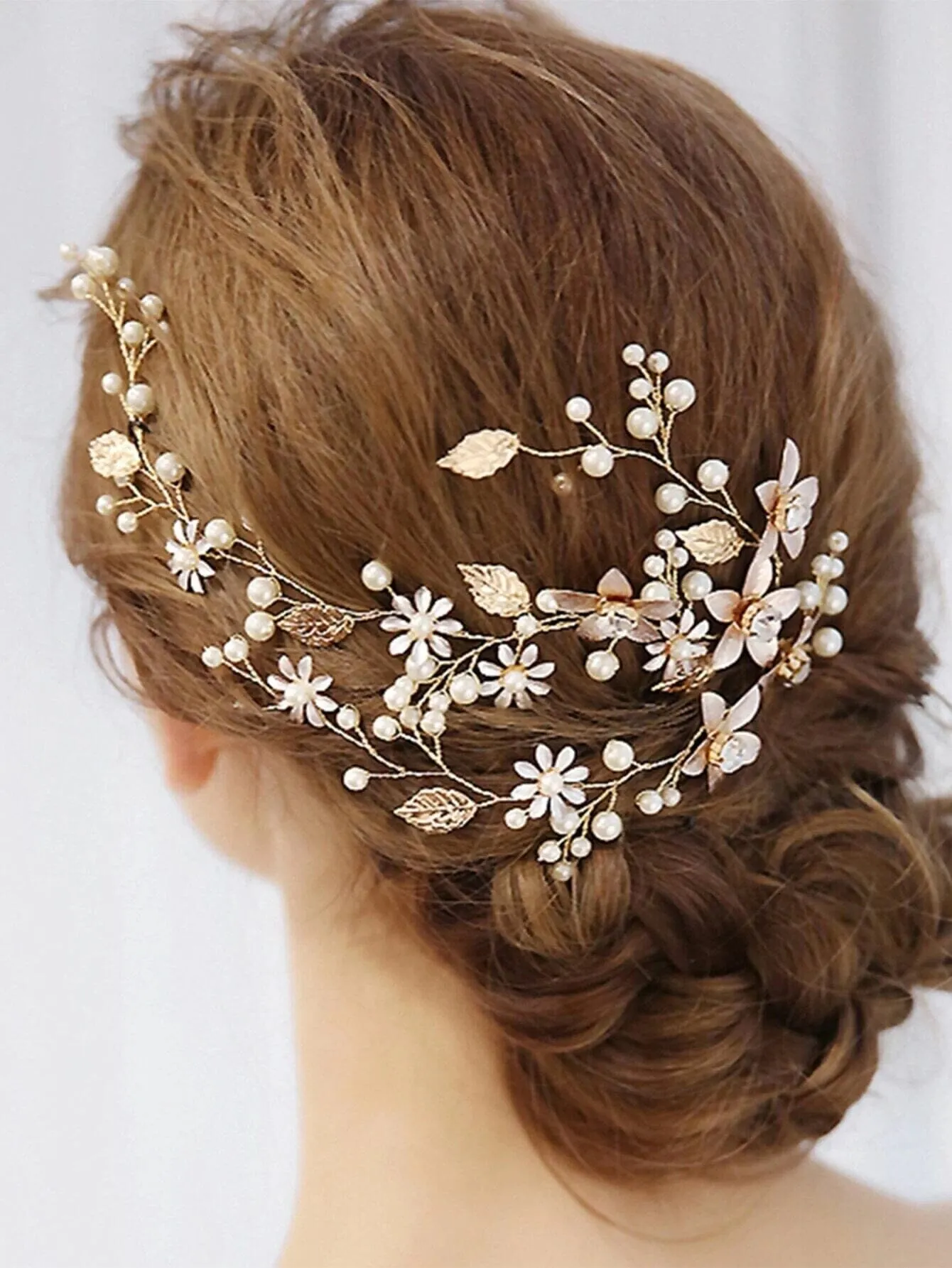 Three Branches Pearl Hair Vine, Bridal Crystal Flower Hairpiece, Wedding Head Wreath Floral Hair Wire