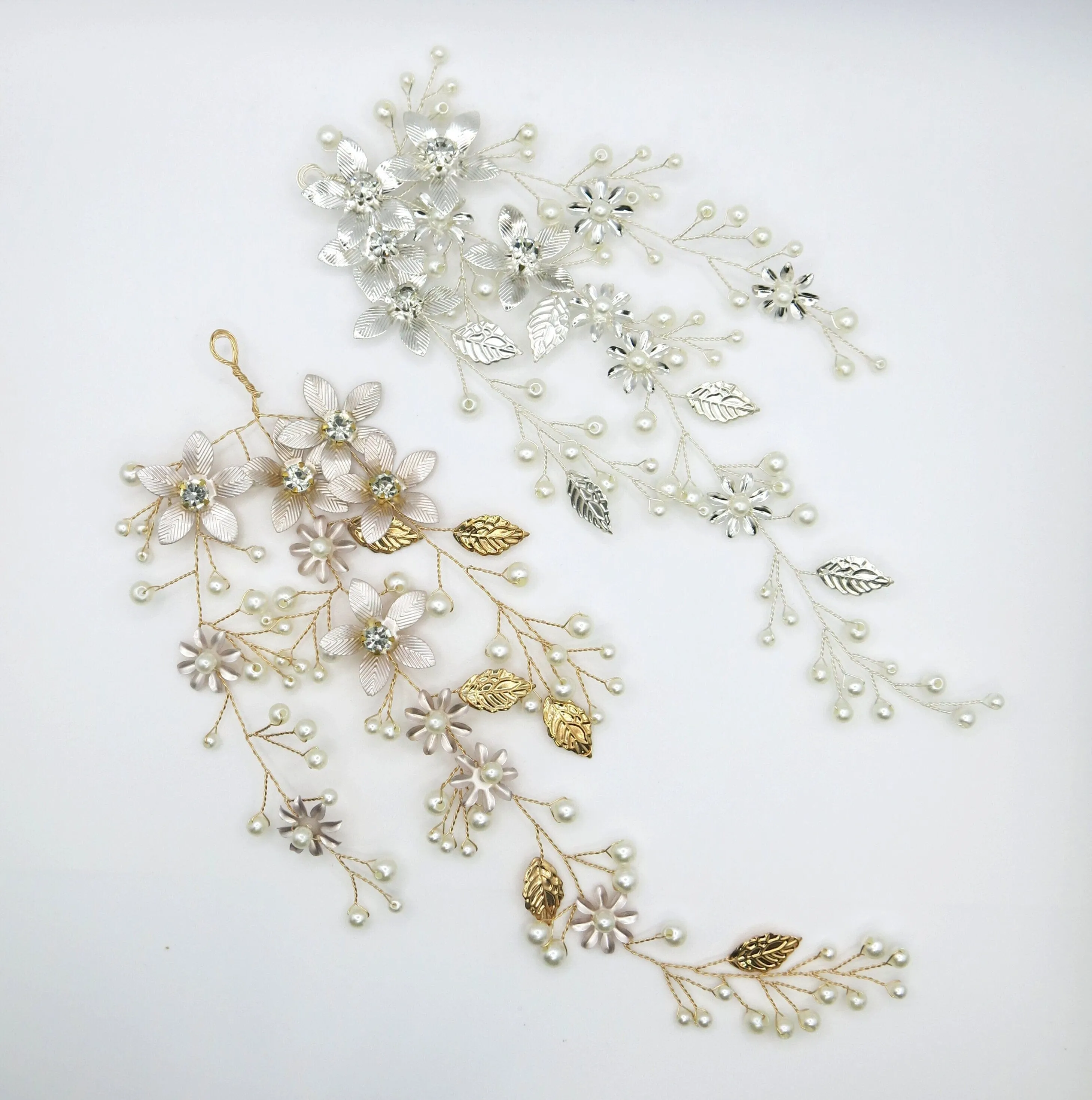 Three Branches Pearl Hair Vine, Bridal Crystal Flower Hairpiece, Wedding Head Wreath Floral Hair Wire