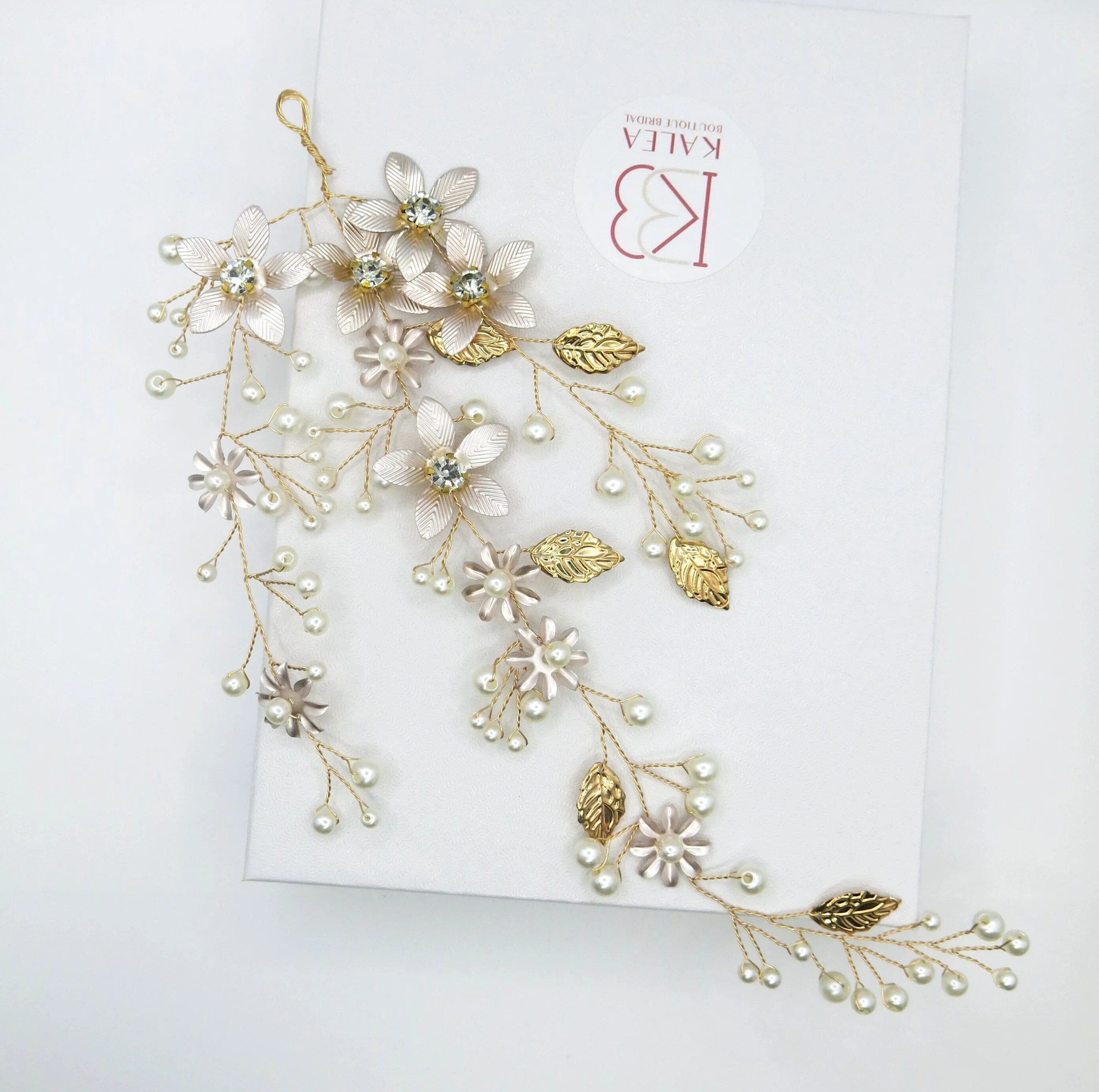 Three Branches Pearl Hair Vine, Bridal Crystal Flower Hairpiece, Wedding Head Wreath Floral Hair Wire