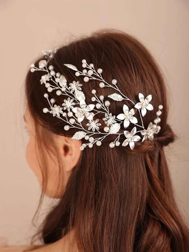 Three Branches Pearl Hair Vine, Bridal Crystal Flower Hairpiece, Wedding Head Wreath Floral Hair Wire