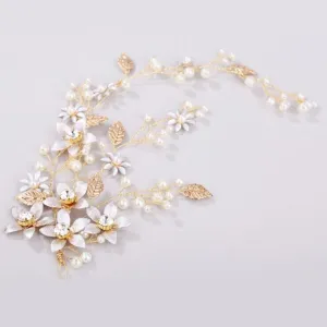 Three Branches Pearl Hair Vine, Bridal Crystal Flower Hairpiece, Wedding Head Wreath Floral Hair Wire