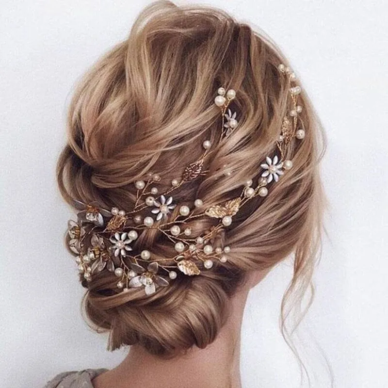 Three Branches Pearl Hair Vine, Bridal Crystal Flower Hairpiece, Wedding Head Wreath Floral Hair Wire