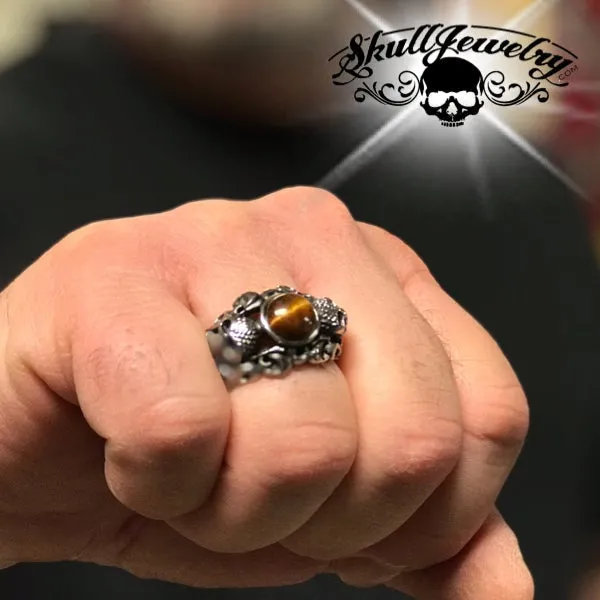 Tigers Eye Stainless Steel Skull Ring (#732)