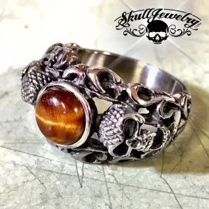 Tigers Eye Stainless Steel Skull Ring (#732)